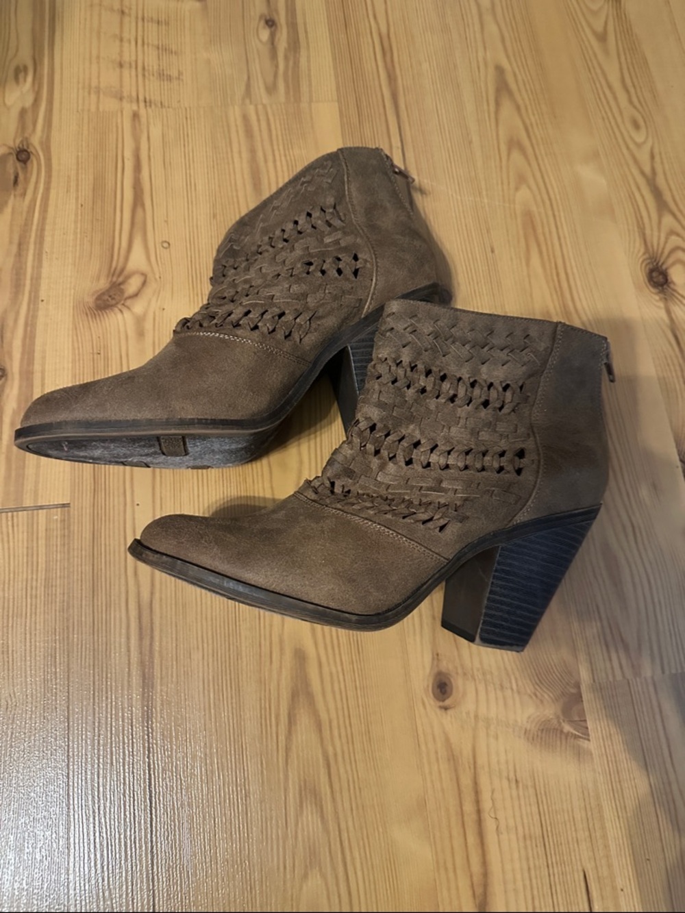 Woven Suede Brown Ankle Booties with Block Heel